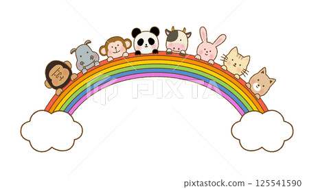 手繪風格：彩虹上排成一排的可愛動物 |向量素材|用於框架和裝飾品 125541590