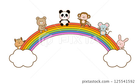 Hand-drawn style: Cute animals lined up on a rainbow | Vector material | For frames and decorations 125541592