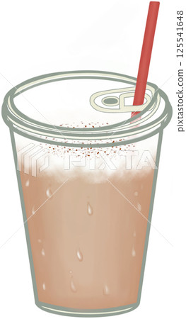 Iced cappuccino with milk foam served in a clear plastic glass  125541648