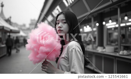 In a striking black and white carnival atmosphere, a teenage girl stands confidently, holding her cotton candy. The vibrant pink contrasts beautifully with the muted surroundings. 125541661