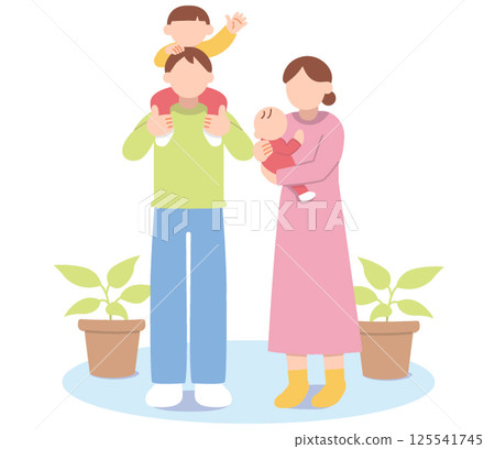 Illustration of a four-person family of a father and mother raising a baby and child Illustration of a four-person family of a father and mother raising a baby and child 125541745