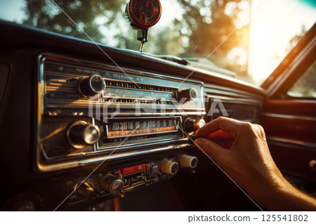 Hand tuning retro car radio on vintage dashboard 125541802