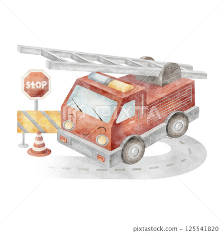 Watercolor illustration fire brigade, city transport, car boy. Composition with road signs, highway hand drawn in cartoon style on isolated background for design children cards, posters, baby clothes Watercolor illustration fire brigade, city transport, car boy. Composition with road signs, highway hand drawn in cartoon style on isolated background for design children cards, posters, baby clothes 125541820