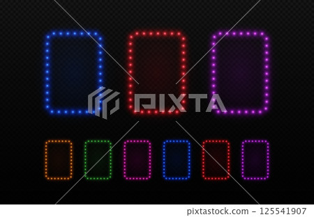 Light neon frame with bulbs. Retro rectangle lamps border for cinema, casino and party advertising. Set of vector led elements isolated on dark background. 125541907