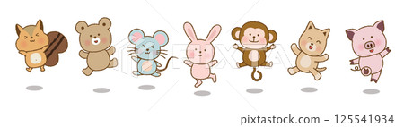 可愛的動物們活力四射地跳躍 |松鼠,熊,老鼠,兔子,猴子,貓,豬 |向量素材 可愛的動物們活力四射地跳躍 |松鼠,熊,老鼠,兔子,猴子,貓,豬 |向量素材 125541934