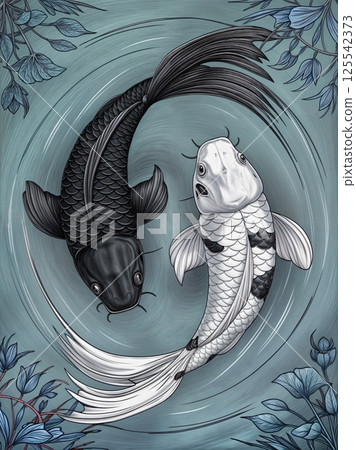 Koi fish painting in japanese asian style white and black 125542373