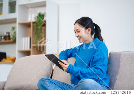 Lifestyle people, Happy woman working online play social , lifestyle and small business. 125542619