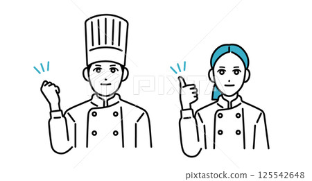 Smiling male and female chef avatars doing fist pumps Smiling male and female chef avatars doing fist pumps 125542648