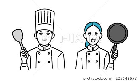 Male and female chef avatars holding cooking utensils 125542658
