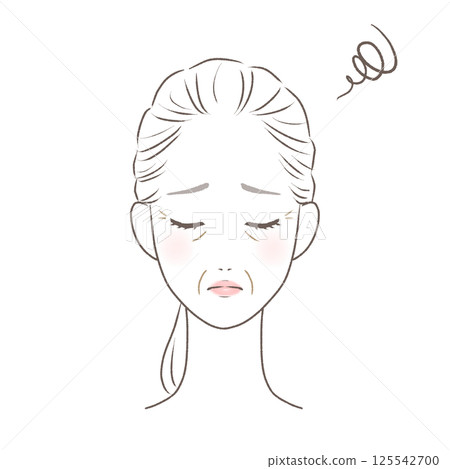 Middle-aged woman with tied hair who is worried about facial wrinkles Line drawing 125542700