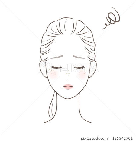 A woman with her hair tied up, worried about spots on her face, line drawing A woman with her hair tied up, worried about spots on her face, line drawing 125542701