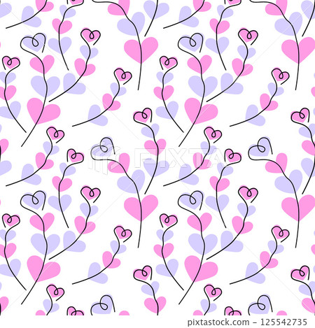One line Heart shape Branches on Hearts shape spots Trendy lavender and pink fond Seamless Pattern One line Heart shape Branches on Hearts shape spots Trendy lavender and pink fond Seamless Pattern 125542735