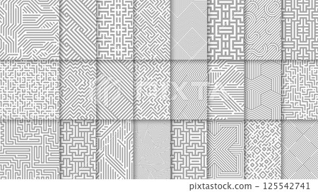 Collection of vector seamless geometric patterns. Striped grey abstract ornament backgrounds. Monochrome endless unusual prints with symmetric lines Collection of vector seamless geometric patterns. Striped grey abstract ornament backgrounds. Monochrome endless unusual prints with symmetric lines 125542741