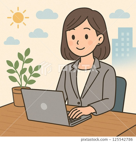 一位女士在辦公室的電腦上工作（簡單的平面插圖） 125542786