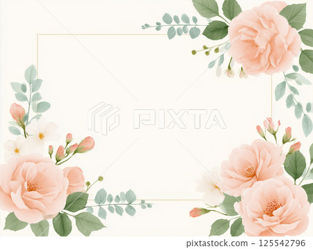 淡粉紅色玫瑰和樹葉的水彩畫框 125542796
