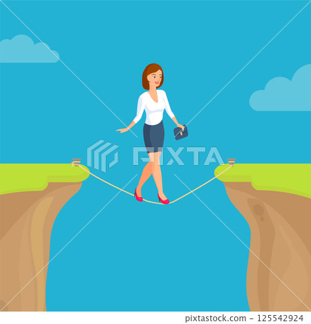 Abyss, gap concept with woman, sky and clouds. Vector colorful illustration in flat style. 125542924