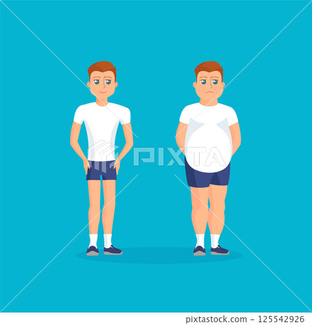 Man with fat abdomen and athletic man Man with fat abdomen and athletic man 125542926