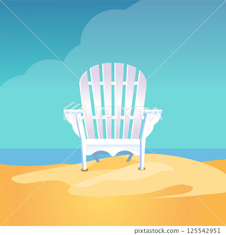 Adirondack chair on the sea beach standing on the yellow sand under the blue cloudy sky 125542951