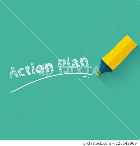 Action plan concept design with yellow pencil or marker. Vector illustration in flat style with long shadow. 125542969