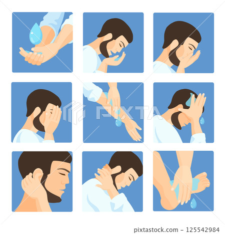 Muslim ablution, purification guide. Step by step position using water. Muslim ablution, purification guide. Step by step position using water. 125542984