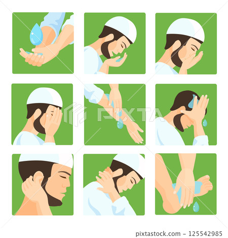 Muslim ablution, purification guide. Step by step position using water. 125542985
