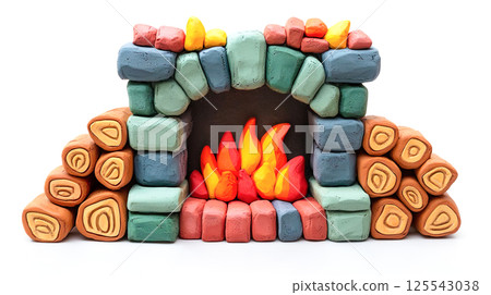 3D illustration of a colorful and uniquely designed fireplace 3D illustration of a colorful and uniquely designed fireplace 125543038