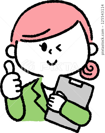 A woman in a suit holding a file and giving a thumbs up A woman in a suit holding a file and giving a thumbs up 125543114