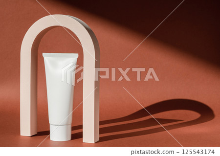 Cream skincare cosmetic art deco arch podium display pedestal stand. Fashion geometric arch for product presentation, lotion, moisturizer. Minimal template. Vintage scene mockup cosmetics Cream skincare cosmetic art deco arch podium display pedestal stand. Fashion geometric arch for product presentation, lotion, moisturizer. Minimal template. Vintage scene mockup cosmetics 125543174
