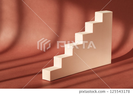 Cosmetic art deco stair podium display pedestal stand. Fashion geometric staircase backdrop for product presentation with shadow from sun. Abstract minimal template stage. Modern scene mockup 125543178
