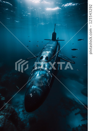 Luxurious private submarine exploring the deep ocean with fish swim alongside 125543292