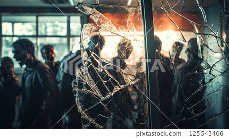 Group of menacing zombies advancing through shattered glass in a post apocalyptic urban landscape, evoking a chilling atmosphere of danger, decay, and survival horror 125543406