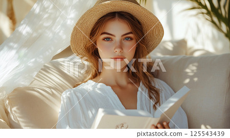 A beautiful woman relaxes on sofa wearing a sun hat, holding a book, and enjoying the summer sunlight. Her expression suggests contentment and peace. This is AI-generated item 125543439