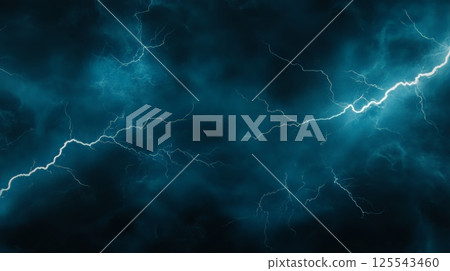 Vibrant electric blue lightning bolts crackle across a dark, stormy sky, creating a dramatic and powerful visual effect. The jagged lines illuminate the surrounding clouds with intense energy 125543460