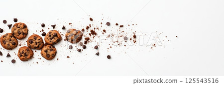 Delicious chocolate chip cookies are crumbling on a pristine white background, creating a visually appealing arrangement of treats and crumbs 125543516