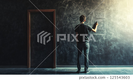 Young web designer sketching a website layout on a blackboard in a dark room, illuminated by a mysterious light beam, creating a dramatic and inspiring atmosphere 125543603