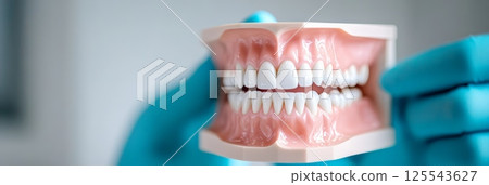 Gloved hands holding a denture model showing healthy teeth and gums, highlighting concepts of oral hygiene, cosmetic dentistry, and dental procedures 125543627
