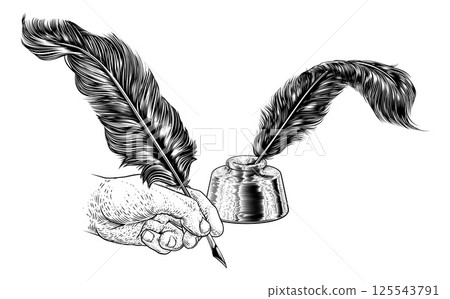 Quill Feather Ink Pen Hand Vintage Woodcut Print Quill Feather Ink Pen Hand Vintage Woodcut Print 125543791