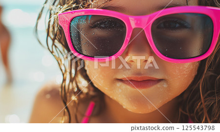 Close-up portrait of a young little girl with wet hair wearing bright pink sunglasses, ready for summer fun at the sea shore, beach or swimming pool. This is AI-generated item 125543798