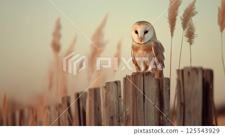 Beautiful barn owl perched on a weathered wooden fence post, with soft, blurred reeds in the background and the warm glow of the setting sun creating a serene and captivating scene 125543929