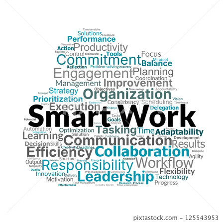 Smart Work Word Cloud. Highlights key ideas for improving efficiency, time management, and productivity, focusing on strategies, tools, and leadership in modern workflows. Smart Work Word Cloud. Highlights key ideas for improving efficiency, time management, and productivity, focusing on strategies, tools, and leadership in modern workflows. 125543953