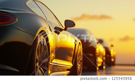 Several luxury cars are parked in a row, their polished surfaces reflecting the warm, golden light of the setting sun, creating a sense of elegance and sophistication 125543958