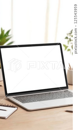 Modern laptop featuring a blank screen resting on a wooden desk, accompanied by a notepad, pen, and vibrant potted plants in a bright and inviting home office environment 125543959