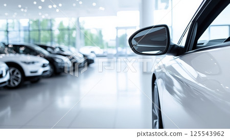Modern white car parked in a bright and spacious dealership showroom, reflecting the sleek design and showcasing the latest models available for sale 125543962