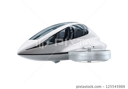 Futuristic lightweight flying passenger drone with aerodynamic design, transparent canopy, and modern interior seats 125543989