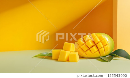 Sliced mango fruit with diced pieces levitating on a vibrant yellow and green background creates a visually appealing scene with a modern aesthetic 125543990
