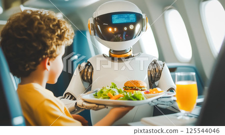 A futuristic robot serves a meal to a child on an airplane. The scene presents a blend of technology and everyday life promoting automation in service This is AI-generated item 125544046