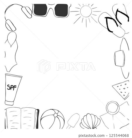 Beach essentials square frame template for text. Vector graphic line ink illustration. For vacation poster, beach party invitation, backdrop, ad, sale promotion, print for t-shirt 125544068