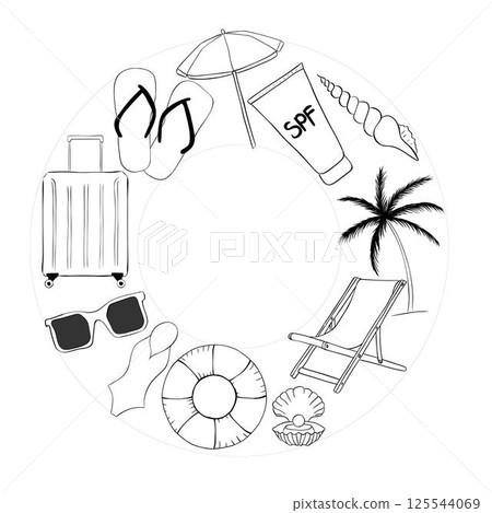 Beach vacation circle round frame template for text. Vector graphic line ink illustration. Black silhouette with place for your text on white background. for banner, poster, brochure, wallpaper. 125544069
