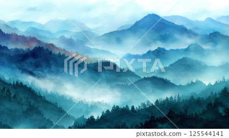 一幅神秘的風景插圖，描繪了藍色的山脈，以柔和的色彩和晨霧繪製。 125544141
