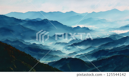 一幅水彩風格的風景插畫,描繪了清晨薄霧籠罩下,奇幻的山脈交疊的美麗景象,以及藍色的漸變。 一幅水彩風格的風景插畫,描繪了清晨薄霧籠罩下,奇幻的山脈交疊的美麗景象,以及藍色的漸變。 125544142